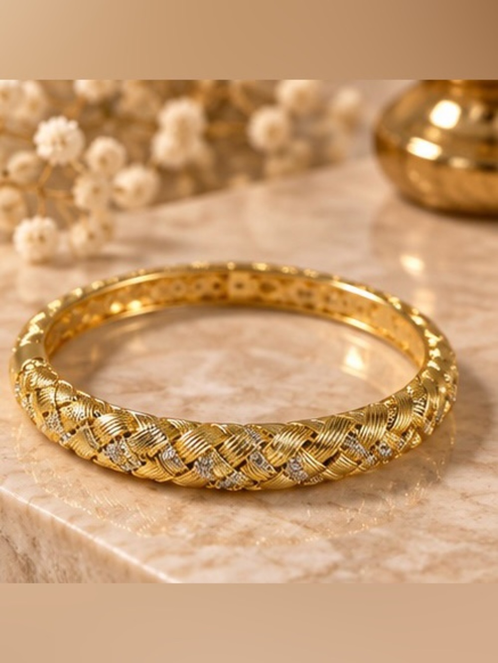 Gold Tone Braided Rhinestone Bangle Bracelet Woven Statement Jewelry